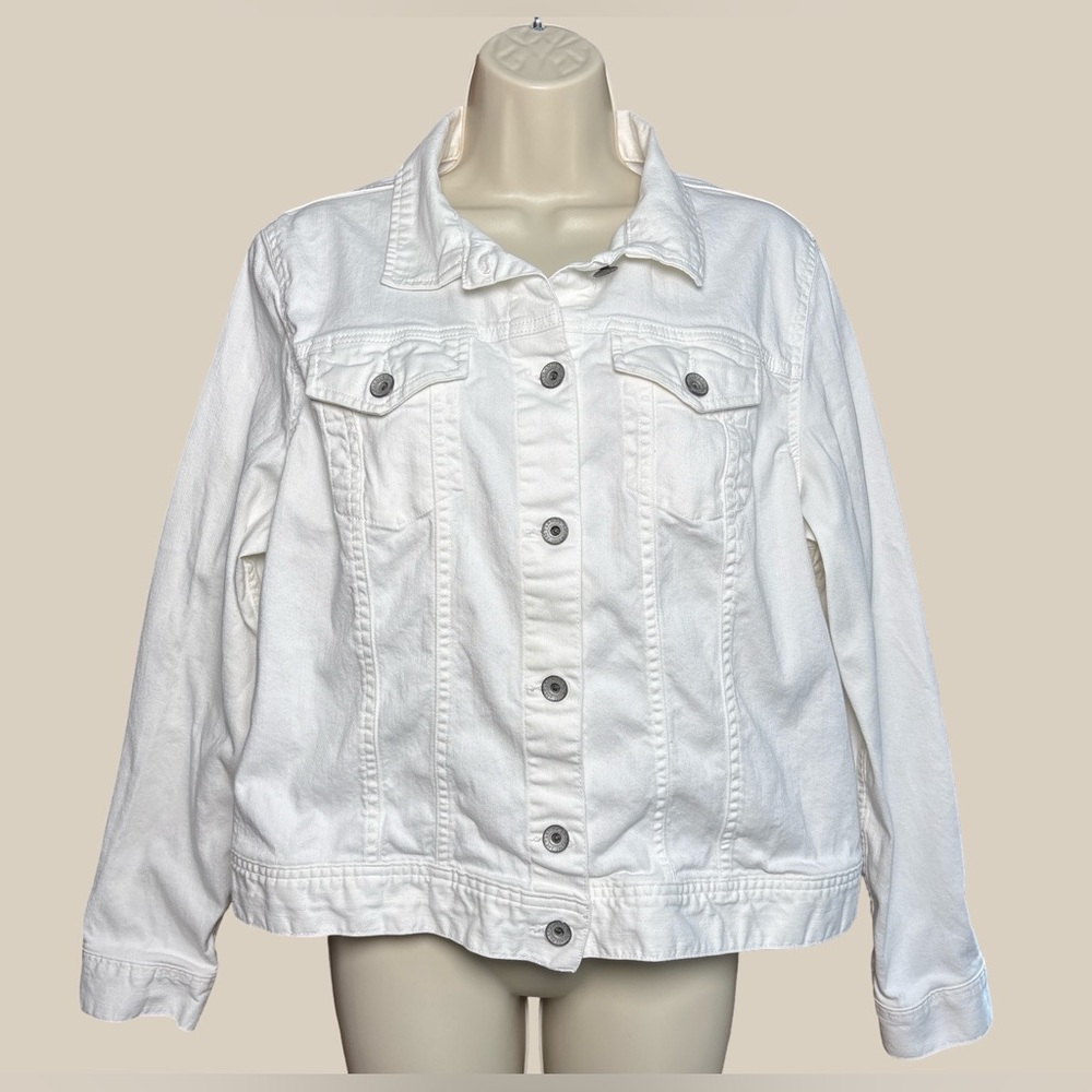 Lands' End Women's Denim Jacket White Jean Trucker Coat Coastal Preppy SZ XL